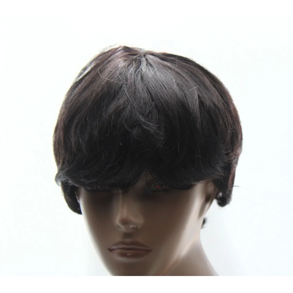 Short Pixie Cut Dark Brown Wig #2 Adjustable Mesh Cap Synthetic and Human Hair